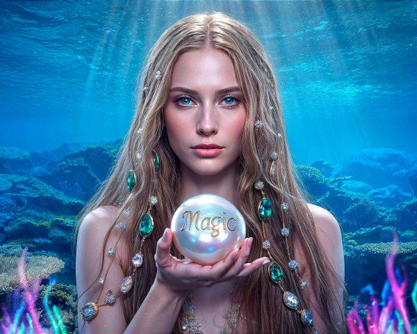 Underwater Scene with Woman and Luminous Pearl