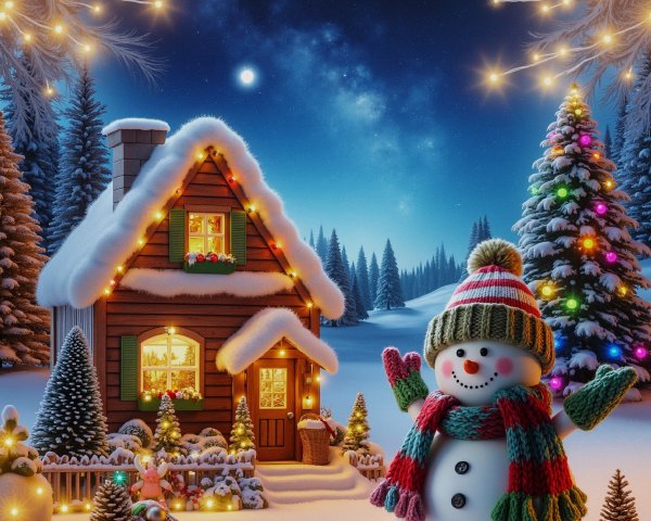Cozy Snow-Covered Cottage with Festive Winter Decor