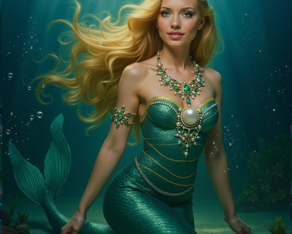 Elegant Mermaid with Golden Hair and Green Tail