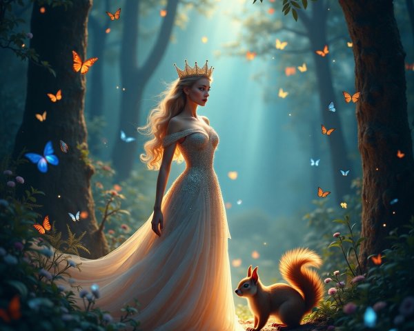 Regal figure in shimmering gown in magical forest