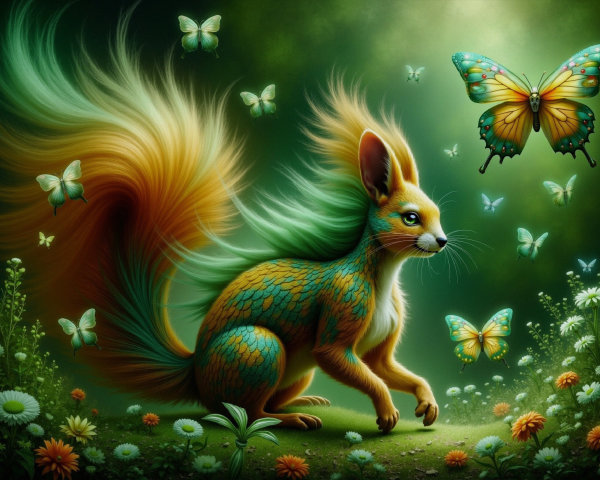 Whimsical Creature in Enchanted Meadow Setting