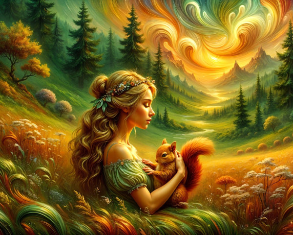 Young woman with squirrel in a vibrant natural landscape