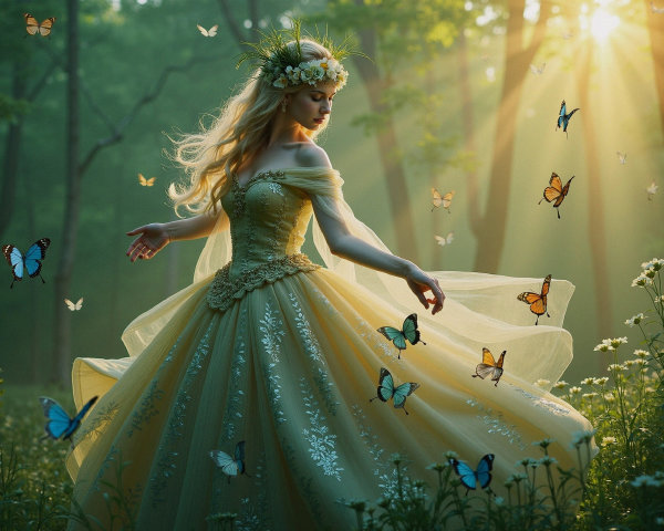 Young Woman in Yellow Gown Twirling in Forest