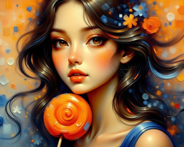 Young woman with flowers and vibrant background patterns