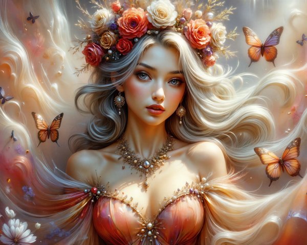 Figure with Rose Crown and Butterflies in Ethereal Scene