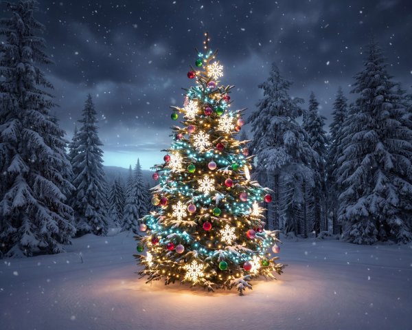 Brightly Lit Christmas Tree in Snowy Forest at Dusk