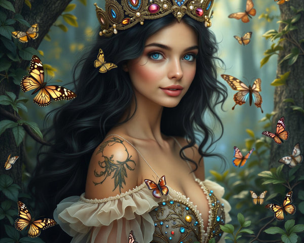 Young woman in jeweled gown with butterflies in forest