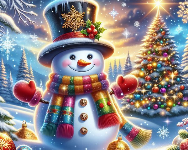 Cheerful snowman in winter wonderland with Christmas tree