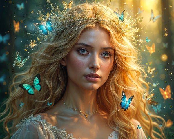 Young Woman in Flower Crown Surrounded by Butterflies