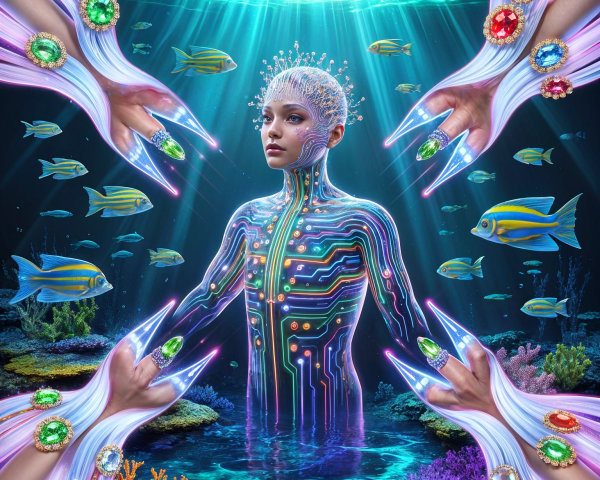 Underwater Futuristic Scene with Glowing Circuit Patterns