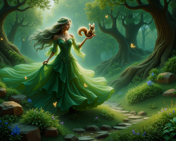 Enchanted forest scene with figure and squirrel