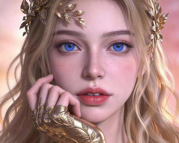 Blonde Woman with Blue Eyes and Golden Accessories