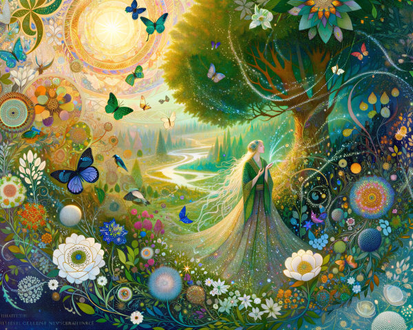 Vibrant Scene with Butterflies and Luminous Flowers