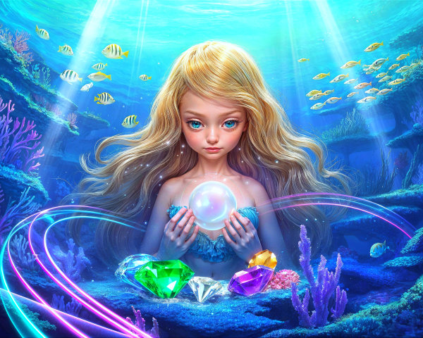 Underwater Scene with Girl, Coral Reefs, and Pearls