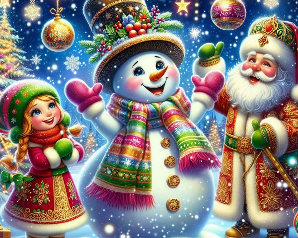 Cheerful Winter Scene with Snowman and Festive Characters