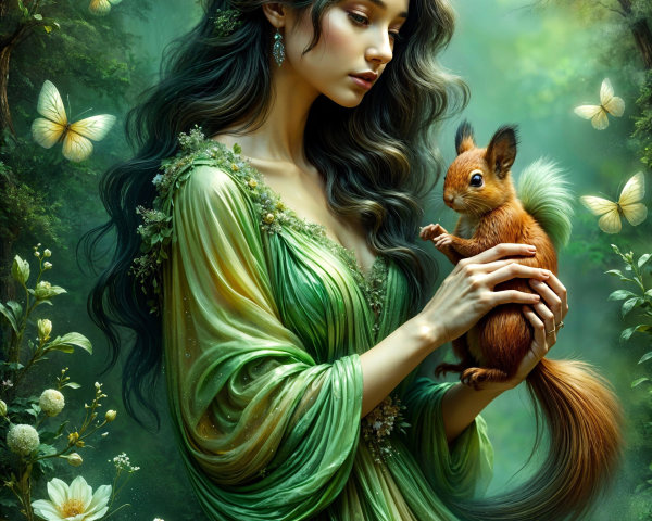 Woman in Green Gown with Squirrel in Serene Forest