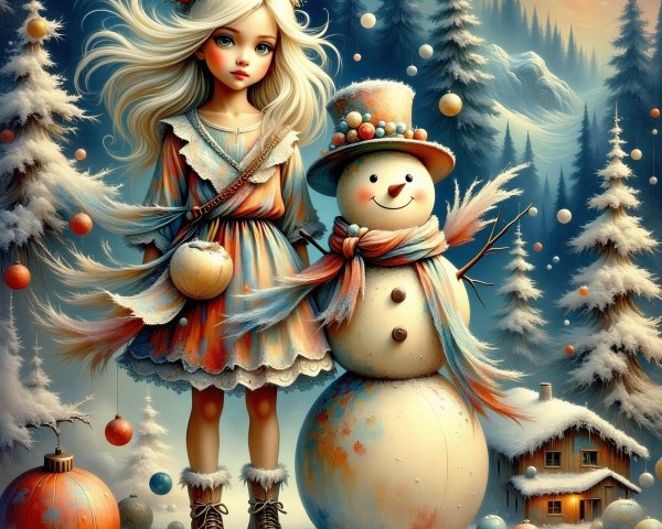 Whimsical Winter Landscape with Girl and Snowman
