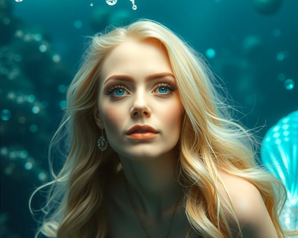 Serene Underwater Scene with Blonde Woman and Bubbles