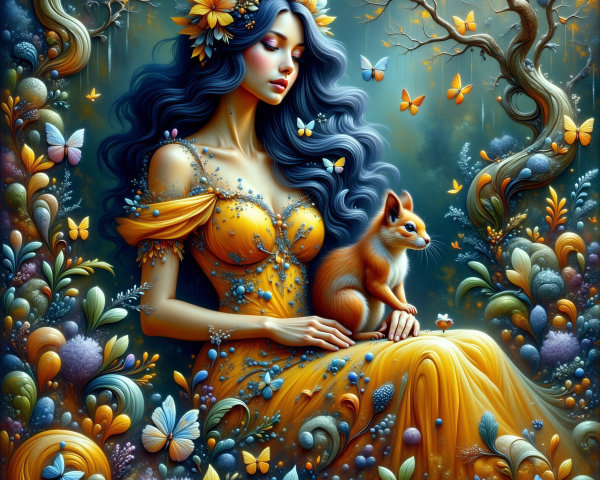 Serene Woman in Enchanted Garden with Nature Elements
