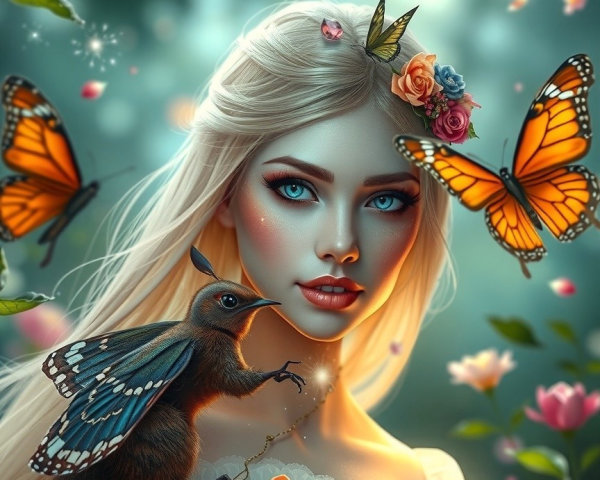 Enchanting Scene of a Young Woman with Nature Elements