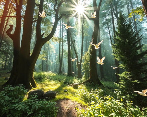 Serene Forest Scene with Sunlight and Mist