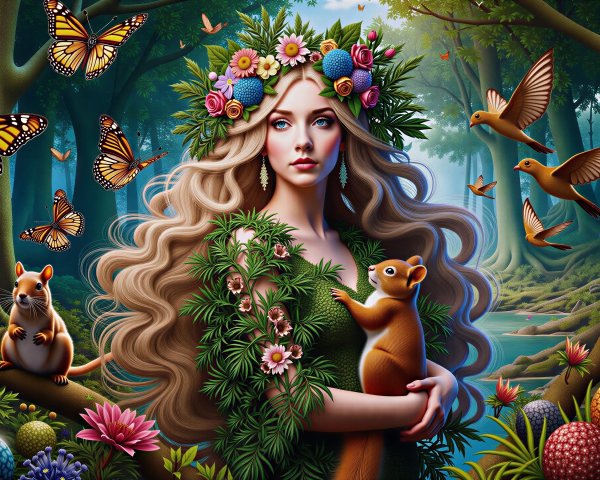Serene Woman in Vibrant Forest with Nature Elements