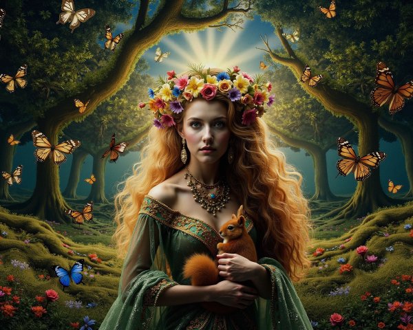 Young Woman in Magical Forest with Squirrel and Butterflies