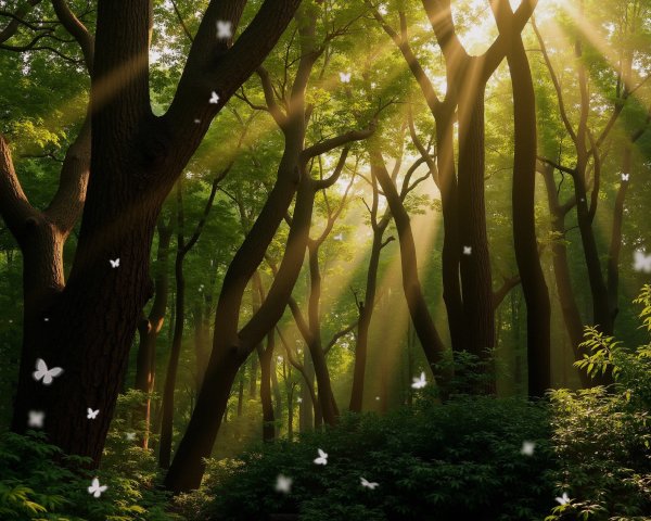 Serene forest scene with sunlight and butterflies