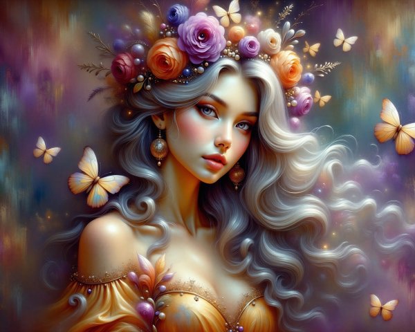 Young woman with silver hair and floral crown