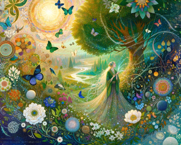 Mystical Scene with Serene Figure and Vibrant Colors
