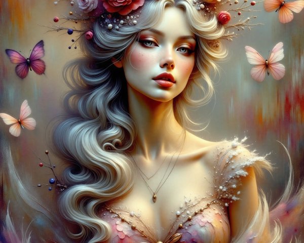 Ethereal woman with butterflies and flowers in gown