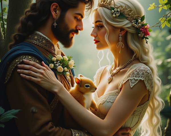 Couple in Enchanted Forest Surrounded by Nature