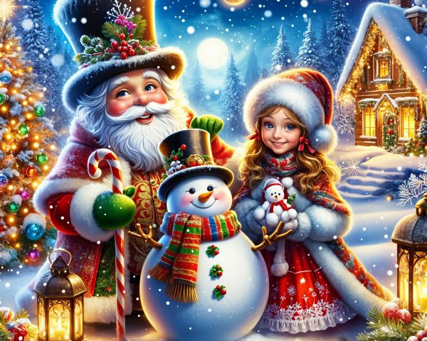 Festive Winter Scene with Santa, Girl, and Snowman