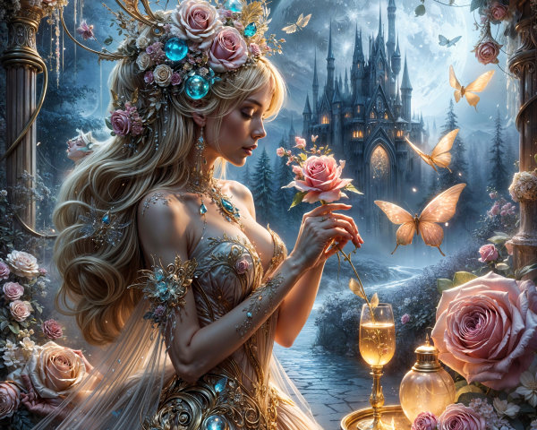 Mystical Woman with Floral Accents in Moonlit Garden
