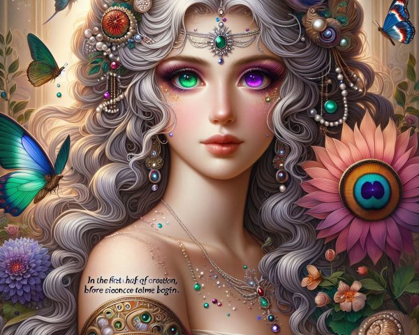 Mystical figure with silver hair and vibrant butterflies