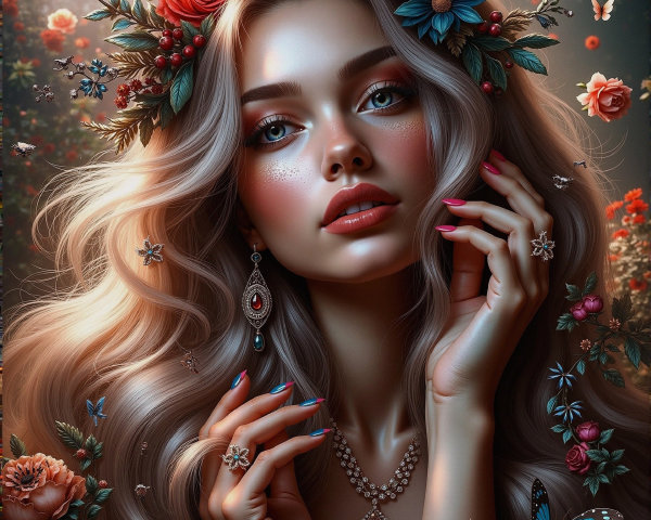 Portrait of a Young Woman with Floral Crown and Jewelry