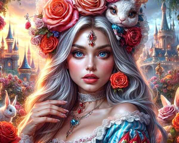Young woman with rose crown and playful cat in fantasy setting