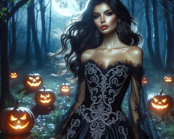 Mysterious Figure in Moonlit Forest with Pumpkins