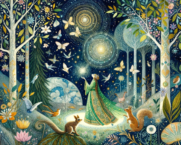 Whimsical Forest Scene with Enchanted Flora and Fauna