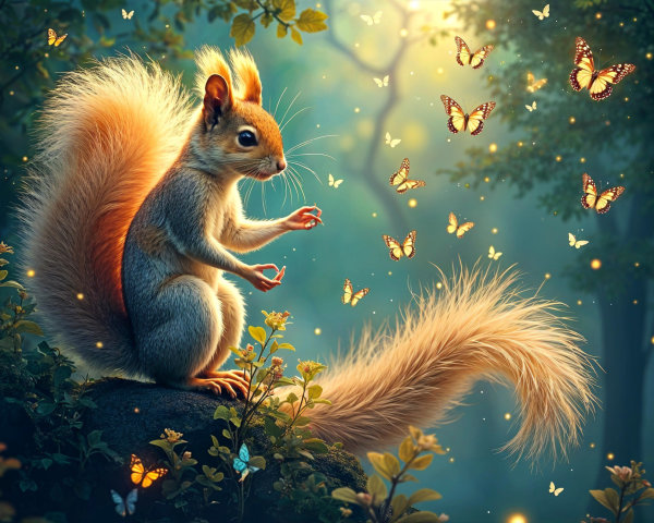 Whimsical Squirrel Surrounded by Glowing Butterflies