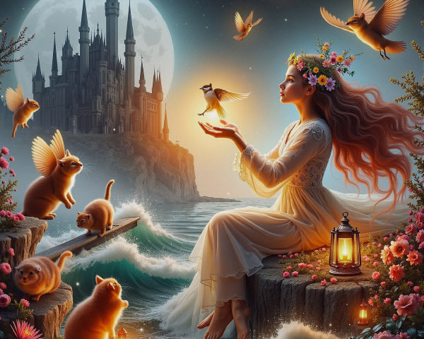 Serene Woman with Bird on Rocky Shore at Night