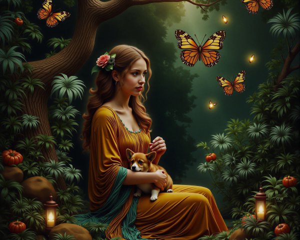 Woman in Mustard Dress in Enchanted Forest with Corgi