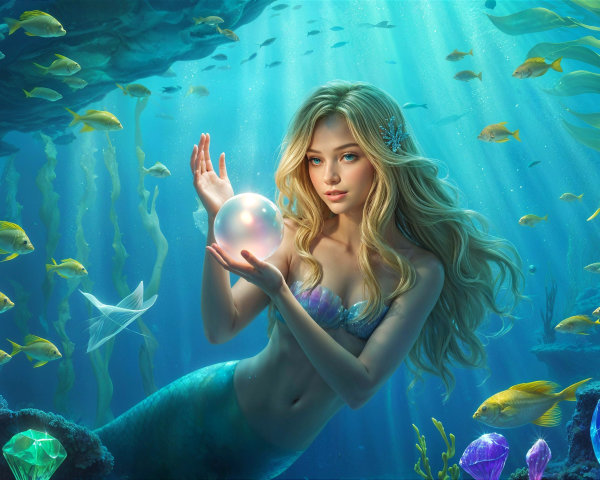 Underwater Scene with Mermaid and Glowing Pearl