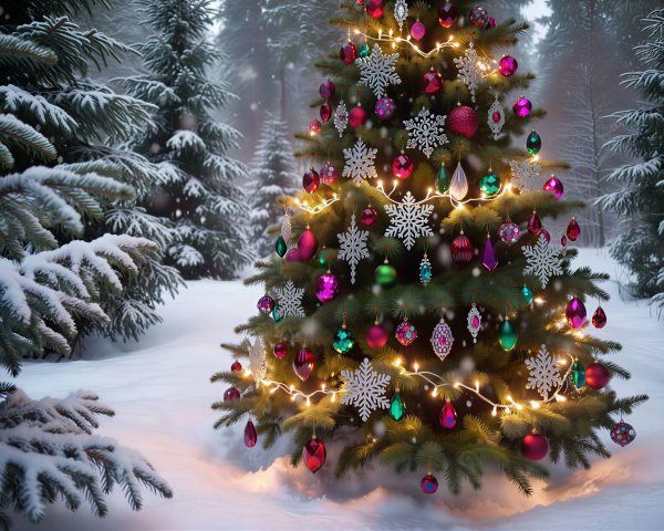 Vibrant Christmas tree in a snowy forest setting