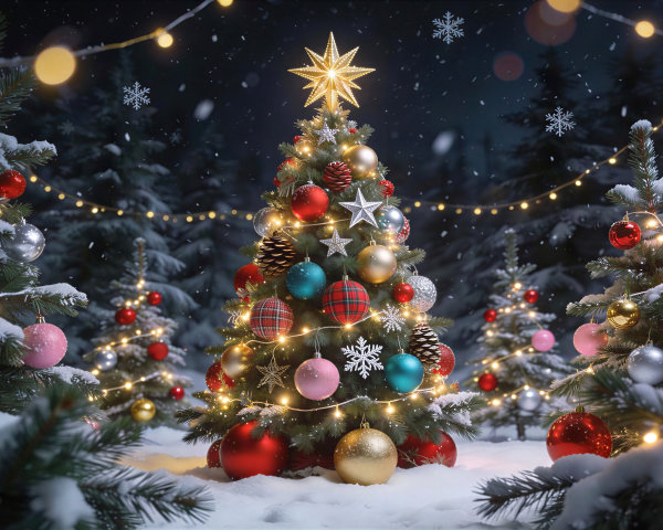 Winter Wonderland Night Scene with Illuminated Trees