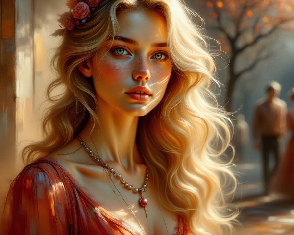 Ethereal Woman in Rosy Gown Amidst Autumn Scene