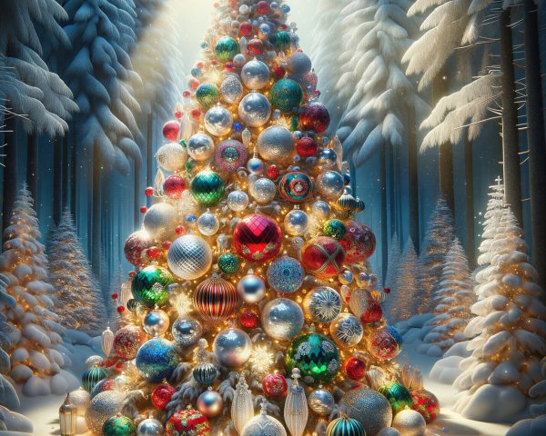 Christmas Tree in Snowy Forest with Colorful Ornaments