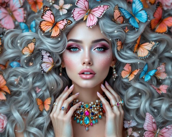 Silver-haired woman with butterflies and roses backdrop