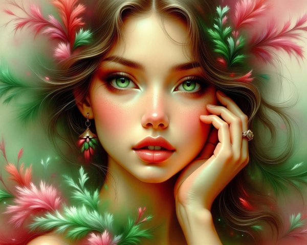 Portrait of a Young Woman with Green Eyes and Flowers