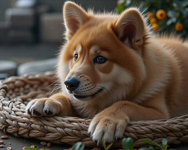 Fluffy Light Brown Dog Relaxing in a Woven Basket